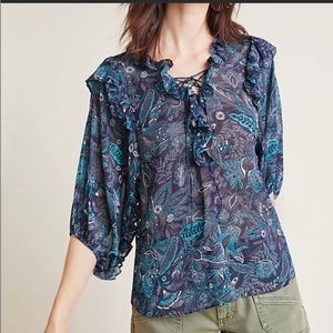 Anthropologie Haida Peasant Blouse Top Blue Floral Ruffle Trim 3/4 Sleeve Sz M